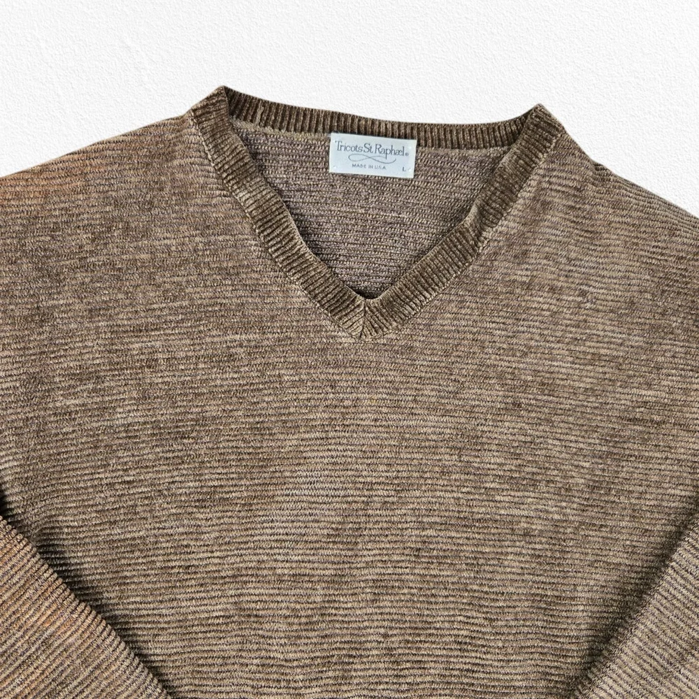 80s Vintage Tricots St Raphael Brown V Neck USA Made Soft Sweater Size Large